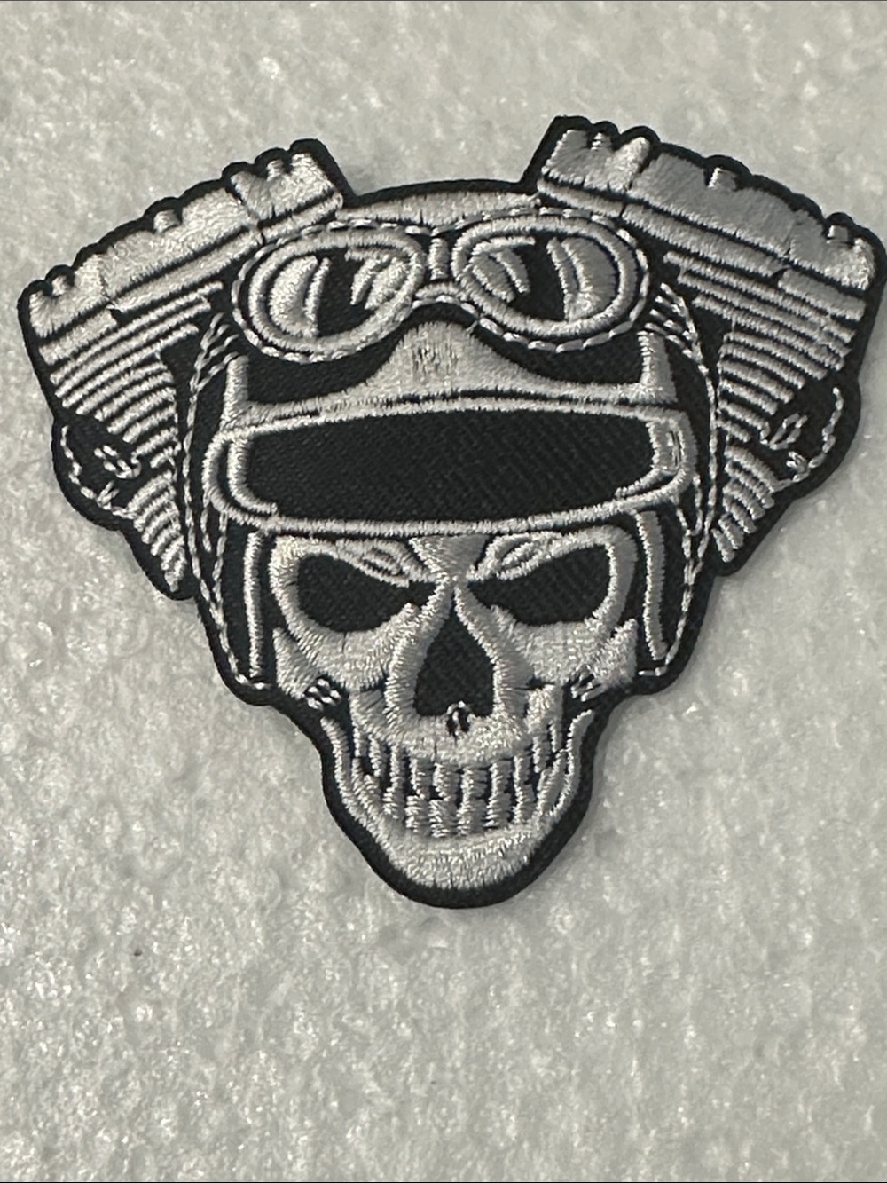 Embroidered Skull Biker Patch in Black & Silver